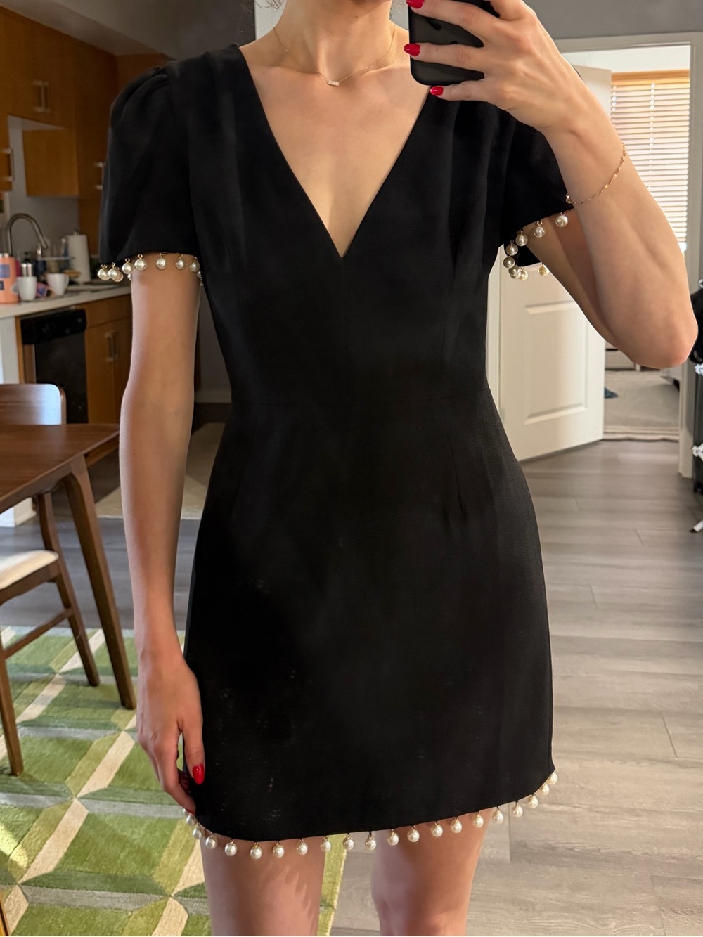 Black V-Neck Mini Dress with Pearl Trim
